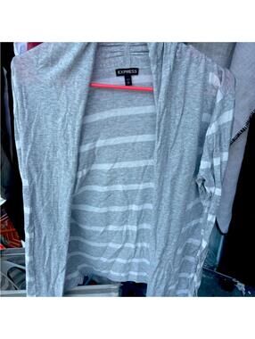 Express Women's Gray and White Striped Lightweight Cardigan Medium